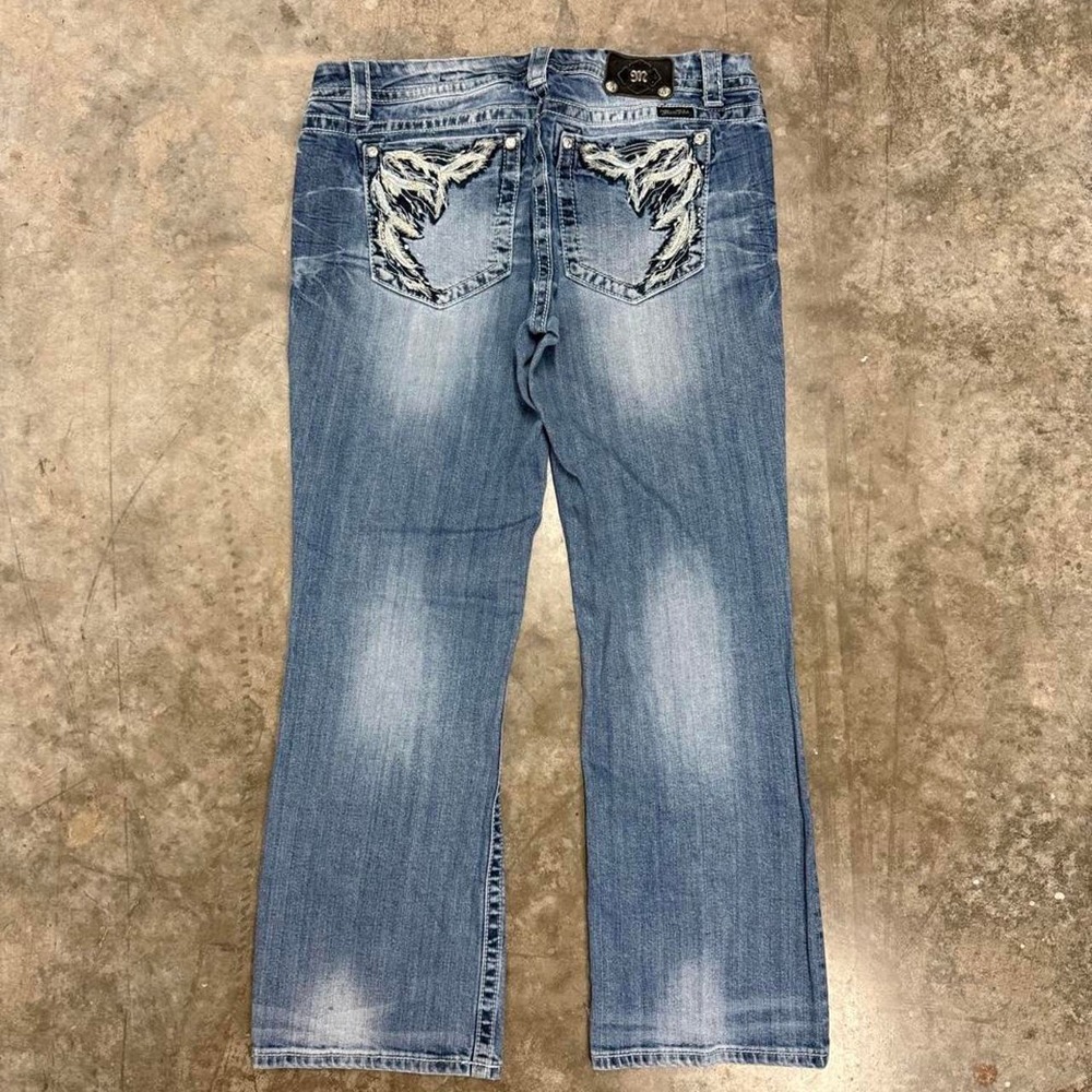 Miss Me Medium Wash Distressed Angel Wing Bootcut Jeans 33x30 Y2K McBling